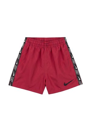 Pantalones cortos deportivos rojos con el logo negro de Nike en la pierna izquierda y franjas laterales negras con logos blancos repetidos de Nike. Cintura elástica.
