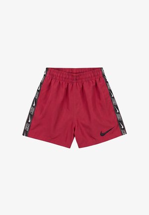 Pantalones cortos deportivos rojos con el logo negro de Nike en la pierna izquierda y franjas laterales negras con logos blancos repetidos de Nike. Cintura elástica.
