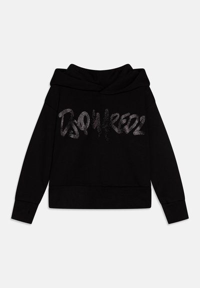 Black hooded sweatshirt with a relaxed fit, featuring a silver glitter graphic text design on the front and ribbed cuffs and hem.