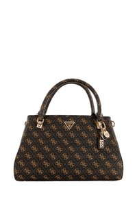 Borsa nera con un motivo a monogramma in oro, dotata di due manici, un logo triangolare e dettagli in metallo dorato.
