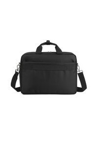 Zwarte laptoptas van textuur materiaal, met een ritssluiting, dubbele bovenhandvatten en een verstelbare schouderriem voor gemakkelijk dragen.