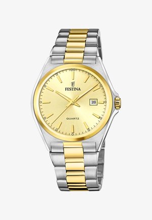 Montre en quartz Festina avec un cadran rond doré, un bracelet en métal bicolore argent et or, et une fenêtre de date à 3 heures. Indicateurs d'heure minimalistes.