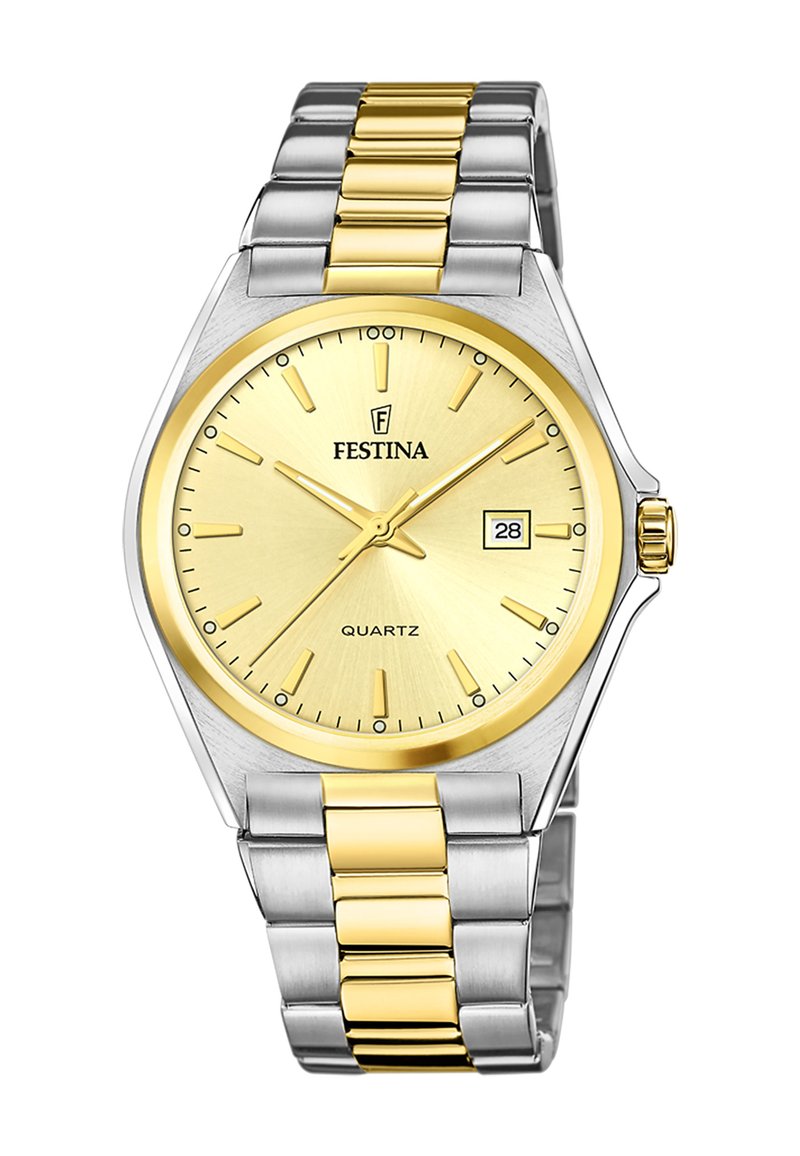 Festina kvarca pulksteņi ar apaļu zelta ciparnīcu, sudraba un zelta divu toņu metāla jostu un datuma logu 3. stundā. Minimalistiski stundu rādītāji.