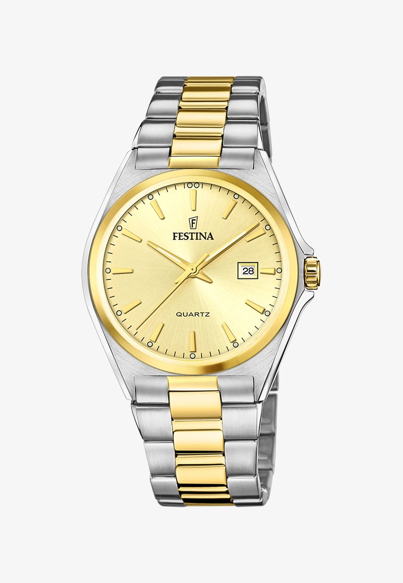 Festina quartzna ura s krožnim zlatim številčnikom, dvobarvnim srebrnim in zlatim kovinskim trakom ter oknom za datum ob 3. uri. Minimalistične uradne oznake.