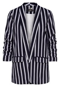 Blazer bleu marine à rayures blanches verticales, manches froncées, col à revers cranté et poches à rabat.
