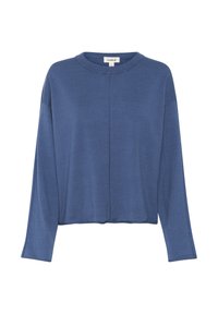 Blå langærmet sweater i et blødt strikmateriale med rund hals, ribbet manchetter og et simpelt strikkemønster langs fronten.