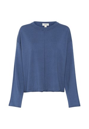 Maglione blu a maniche lunghe in morbido tessuto a maglia, con scollatura rotonda, polsini a coste e un semplice motivo a punto sulla parte anteriore.