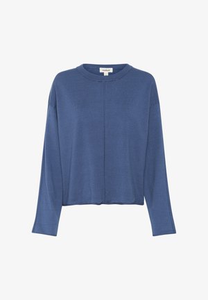 Blauwe lange mouw sweater van een zachte brei-stof met een ronde halslijn, geribbelde manchetten en een eenvoudig steekpatroon langs de voorkant.