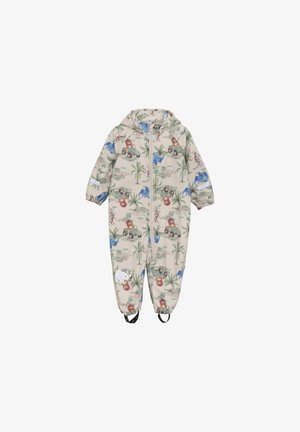 Beige Overall für Kinder mit Kapuze; mit Tier- und Fahrzeugmotiven in Blau und Grün. Elastische Bündchen und Fußschlaufen sorgen für einen sicheren Sitz.
