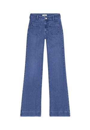 Μπλε τζιν παντελόνια με φαρδιές μπατζάκια, εμπρόσθιες τσέπες με πατς, θηλιές για ζώνη και κούμπωμα με κουμπί στη μέση.