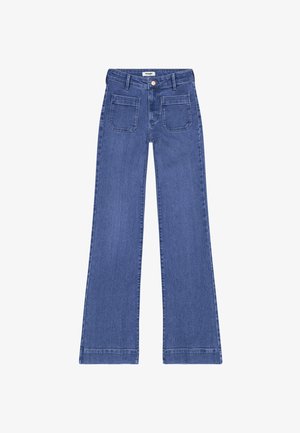 Jean en denim bleu à jambes larges, avec poches plaquées à l'avant, passants pour ceinture et fermeture par bouton à la taille.