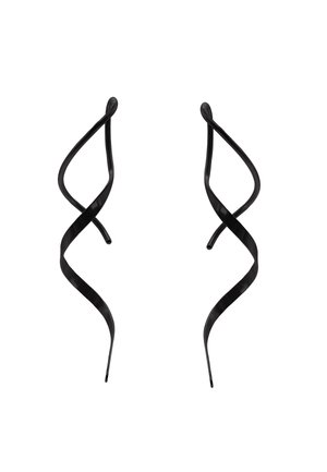 Black metal earrings with a spiraling design. Smooth texture, elongated shape, and thin structure. Simple yet modern appearance.