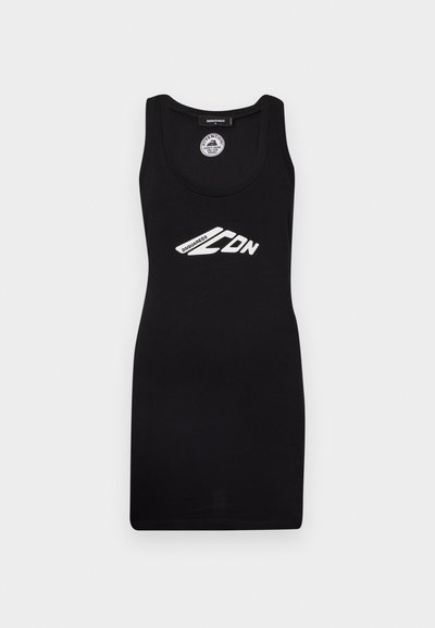 Robe débardeur noire en tissu jersey, avec un décolleté rond et une coupe qui met en valeur la silhouette, ornée d'un logo graphique imprimé en blanc.