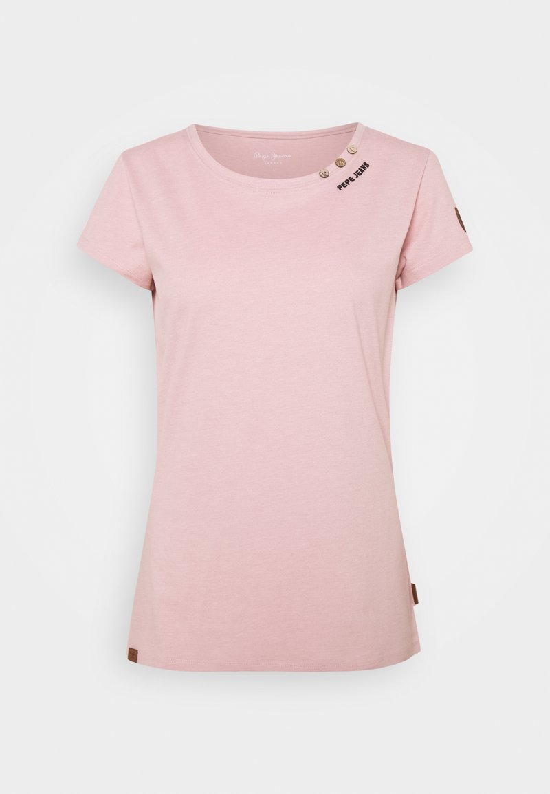 Rosa kortermet T-skjorte laget av myk bomull, med rund hals, tre dekorative knapper på skulderen og en logodetalj.