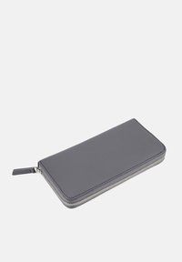 Gray leather wallet with a zip-around closure, smooth texture, and a slim rectangular shape. Features silver-tone zipper hardware.