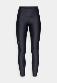Leggings sportivi neri con vita alta, realizzati in un materiale liscio ed elastico. Presentano un piccolo logo bianco sulla parte inferiore della gamba.