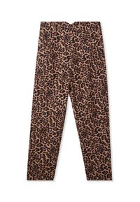 Pantaloni a vita alta con gamba affusolata, caratterizzati da un motivo a stampa leopardata marrone e nera e un leggero scollo a V in vita.