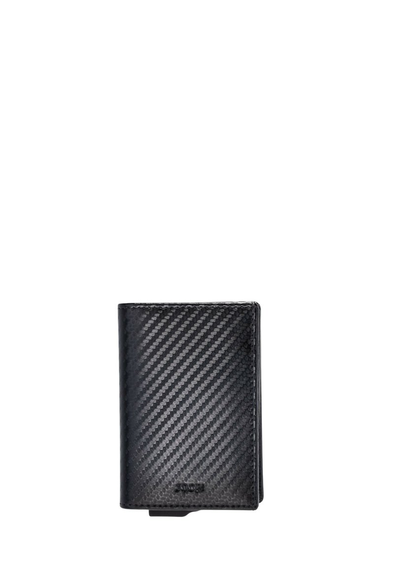 Zwarte portemonnee van koolstofvezel met een gestructureerd oppervlak, rechthoekige vorm en subtiele logo-details in de rechterbenedenhoek.