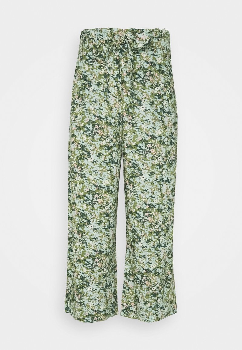 Pantalons à motif floral vert avec une jambe large, fabriqués en tissu léger. Dotés d'une taille élastique et d'une fermeture à cordon.