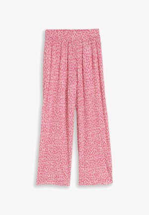 Pantaloni rosa a gamba larga con stampa floreale bianca e fascia elastica in vita, mostrati su sfondo bianco.