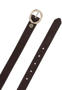 Tmavě hnědý kožený pásek se zlatě tónovanou kulatou přezkou, šesti otvory pro nastavení a vyraženým nápisem "VENEZA" u zúženého konce.