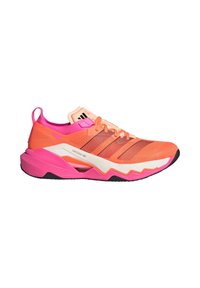 Sport-Schuh mit korallenfarbener und pinkfarbener Oberseite, Netzmaterial mit schwarzen Akzenten, dicke pinkfarbene Gummisohle und markanter Branding auf der Zunge.