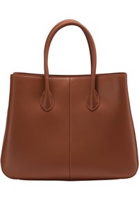 Brązowa skórzana torba na ramię z dwoma okrągłymi uchwytami, gładką powierzchnią i minimalnymi detalami ściegów na białym tle.