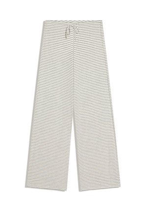 Gray and white horizontal striped wide-leg pants with an adjustable drawstring waist, laid flat on a white background.