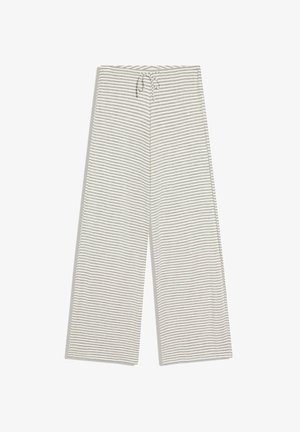 Gray and white horizontal striped wide-leg pants with an adjustable drawstring waist, laid flat on a white background.
