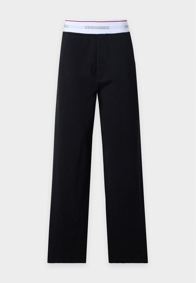Pantalon noir à jambe droite avec taille élastique blanche présentant un logo gris "DSQUARED2" et une fine bande rouge sur le bord supérieur.
