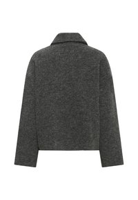Dunkelgraue Wolljacke mit langen Ärmeln und Kragen, von hinten auf einem weißen Hintergrund gezeigt.
