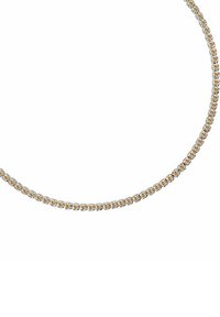 Collana oro con una linea continua di cristalli rettangolari trasparenti, con una finitura liscia e lucida e spaziatura uniforme.