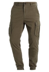 Olive green cargo pants made of cotton blend, featuring side pockets, elastic cuffs, and a relaxed fit design.