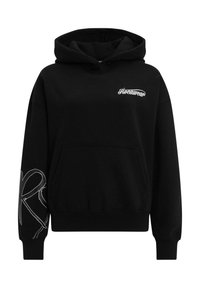 Crna dukserica od mekog materijala, s prednjim džepom, kapuljačom s rastezljivom trakicom i bijelim izvezenim logotipom "Rocawear" te grafikom na rukavu.