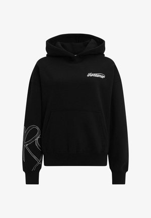 Must mustra vest, mis soft kangasest, esitleb esipuud, nööriga kapuutsi ja valget tikandit "Rocawear" logo ja graafikat varrukal.