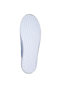 Suola di sneaker bianca con un pattern a griglia testurizzato, caratterizzata da un lato blu, una forma curvata e materiale in gomma resistente.