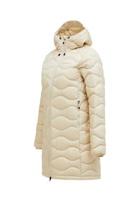 Lichtbeige pufferjack met een golvend quiltpatroon, voorzien van een capuchon, een rits aan de voorkant en twee zwarte ritszakken aan de zijkant. Zachte textuur.