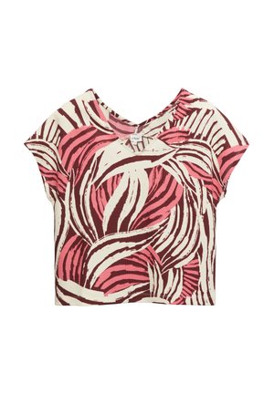 Bluzka z krótkim rękawem i dekoltem w serek z abstrakcyjnym wzorem różowych, bordowych i kremowych wirujących liści na fakturowanej tkaninie.