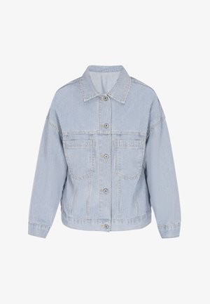 Jachetă din denim în dungi, de culoare albastru deschis și alb, cu închidere cu nasturi, două buzunare la piept și guler. Croi lejer, cu manșete răsfrânte.