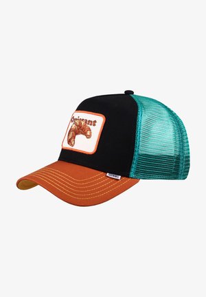 Zwarte en turquoise mesh trucker cap met een bruine klep. Beschikt over een geborduurde croissantpatch op een witte achtergrond. Gele stikdetails.