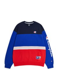 Mehrfarbiger Pullover mit navyblauen, blauen, roten und weißen Paneelen. Er hat einen Rundhalsausschnitt, gerippte Bündchen und ein Logopatch auf der Vorderseite.