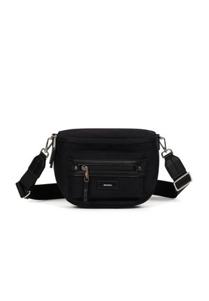 Sac bandoulière noir en tissu durable. Dispose d'un compartiment principal zippé et d'une poche avant avec fermeture éclair. Bandoulière réglable.