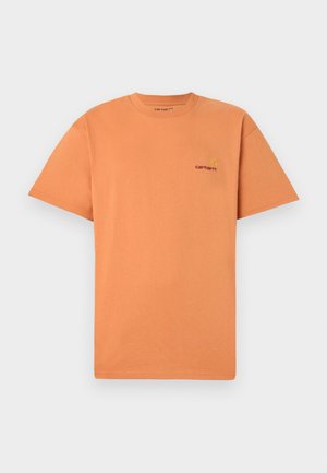 Orange cotton t-shirt with a crew neckline and short sleeves. Features a small embroidered Carhartt logo in red and yellow on the chest.