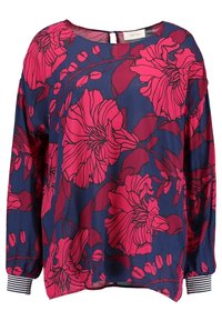 Long-sleeve blouse in dark blue fabric with large pink floral pattern, round neckline, and striped cuffs. Back keyhole opening.
