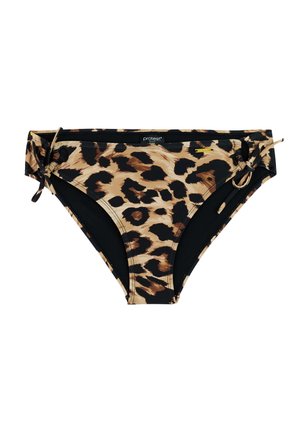 Leopardprint bikinibroekje met zwarte zijstrikjes, een mix van tan en zwart, en een gladde textuur. Geaccentueerd met een logolabel.