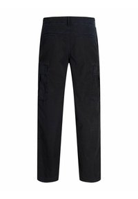 Schwarze Cargo-Hose mit geradem Bein, seitlichen Klappentaschen und hinteren Paspeltaschen, von hinten vor weißem Hintergrund gezeigt.