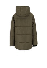 Oliwkowa kurtka ocieplana z kapturem, z pikowaną powierzchnią, elastycznymi mankietami i małym logiem na dołku. Gładka tekstura.