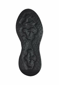 Fekete gumi cipőtalp, amely érdes mintázattal rendelkezik, geometrikus formákkal, beleértve a hatszögeket és háromszögeket a jobb tapadás érdekében.
