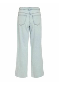 Jeans bleu clair à jambes larges vus de dos, avec deux poches arrière et une taille haute avec passants de ceinture.