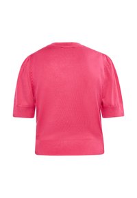 Sweater de manga corta y cuello redondo en rosa brillante. Fabricado en un suave tejido de punto con dobladillo y mangas acanaladas, y detalles de hombro fruncido.